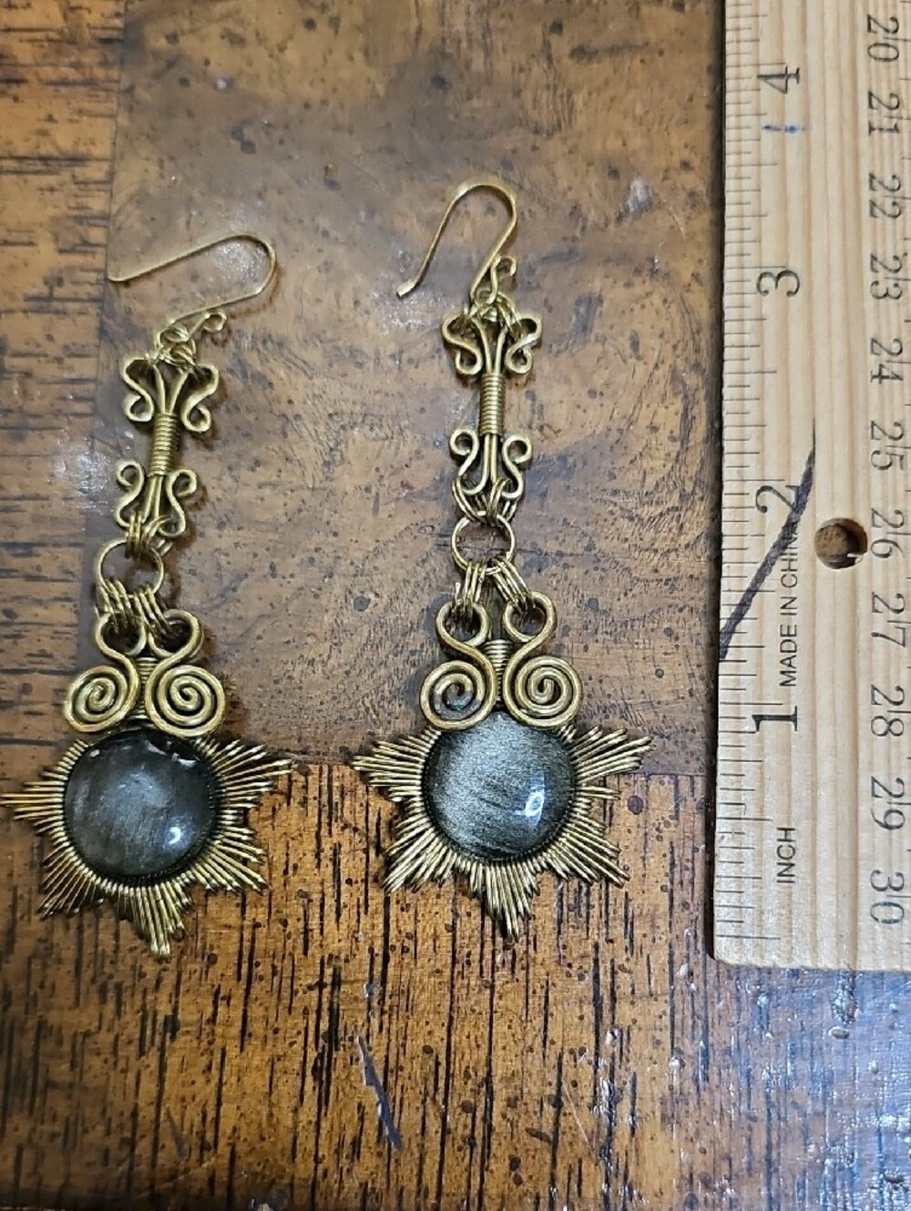 Gold-Tone Sunburst Dangle Earrings with Dark Gray Stone - Picture 6 of 7